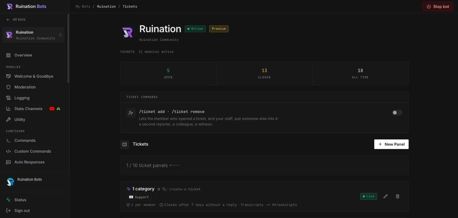 Die Ticketseite im Dashboard von Ruination Bots: Zahlen zu offenen und geschlossenen Tickets, die Ticket-Befehle und ein aktives Support-Panel.